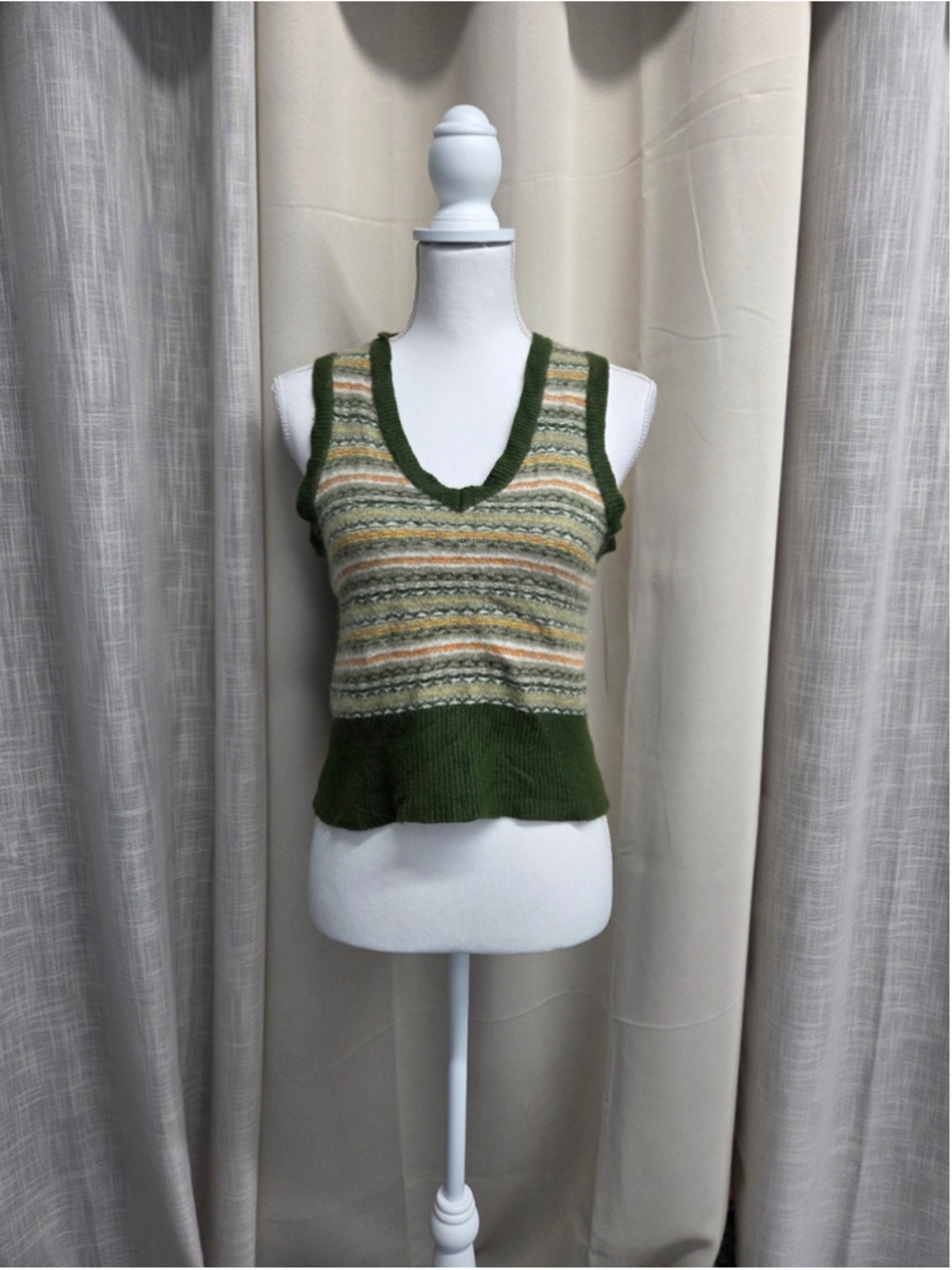 Vintage Sleeveless Olive Green Striped Wool Vest Knitwear Size M